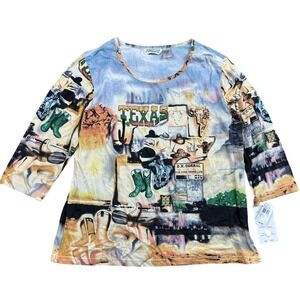 New Direction Texas Americana Western Cowboy Top 3/4 Sleeve Cotton Shirt Plus 1X